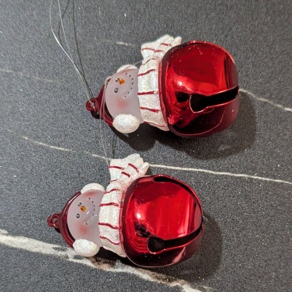 vintage Jingle Buddies Snowman Bell Ornaments Set Of 2 Red Glitter Holiday Fun - Picture 3 of 4